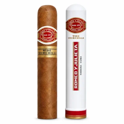 Premium Romeo y Julieta Wide Churchills Cuban cigar featuring a 55-ring gauge, medium strength, creamy smoke, cedar, vanilla, coffee and leather notes. Authentic Habanos available for delivery across the UAE.