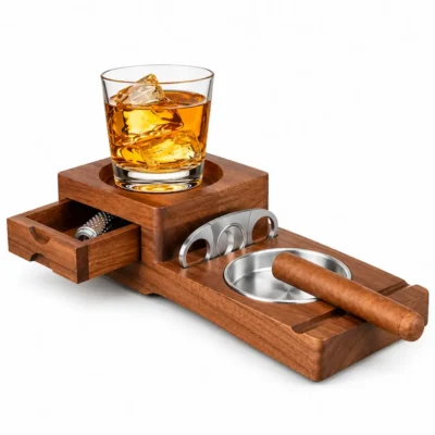Luxury Wooden Cigar Ashtray UAE with Whiskey Glass Holder